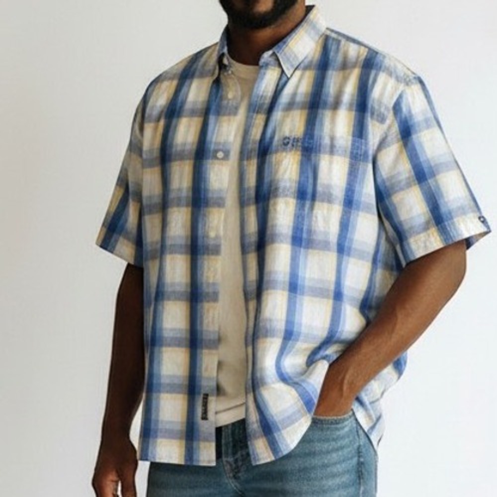 Southpole Button Up Shirt Mens XL Blue Yellow Plaid Short Sleeve Streetwear Y2K